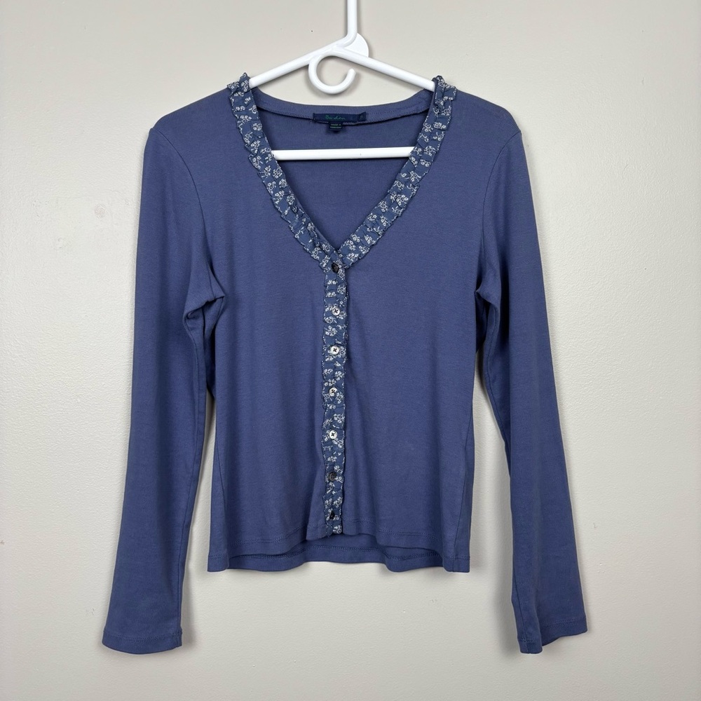 Boden Top‎ 12 Blue Long Sleeve Silk Trim Button Front Cardigan Shirt Dainty